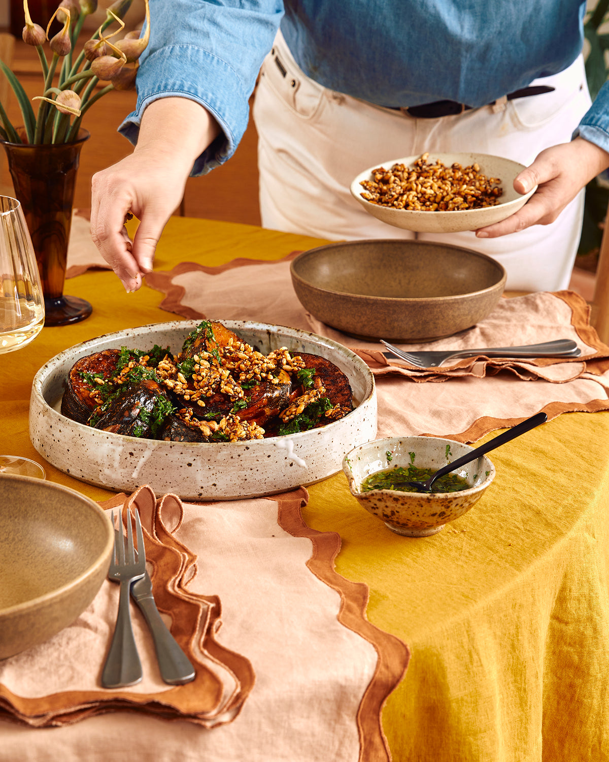 Nappe en lin 100 % français, motif curcuma