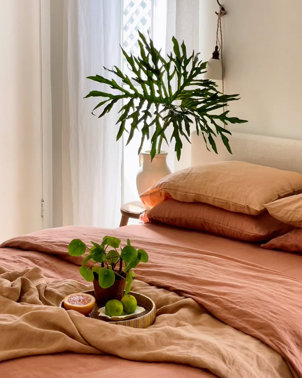 Ensemble de literie en lin 100 % français, coloris noisette et terracotta