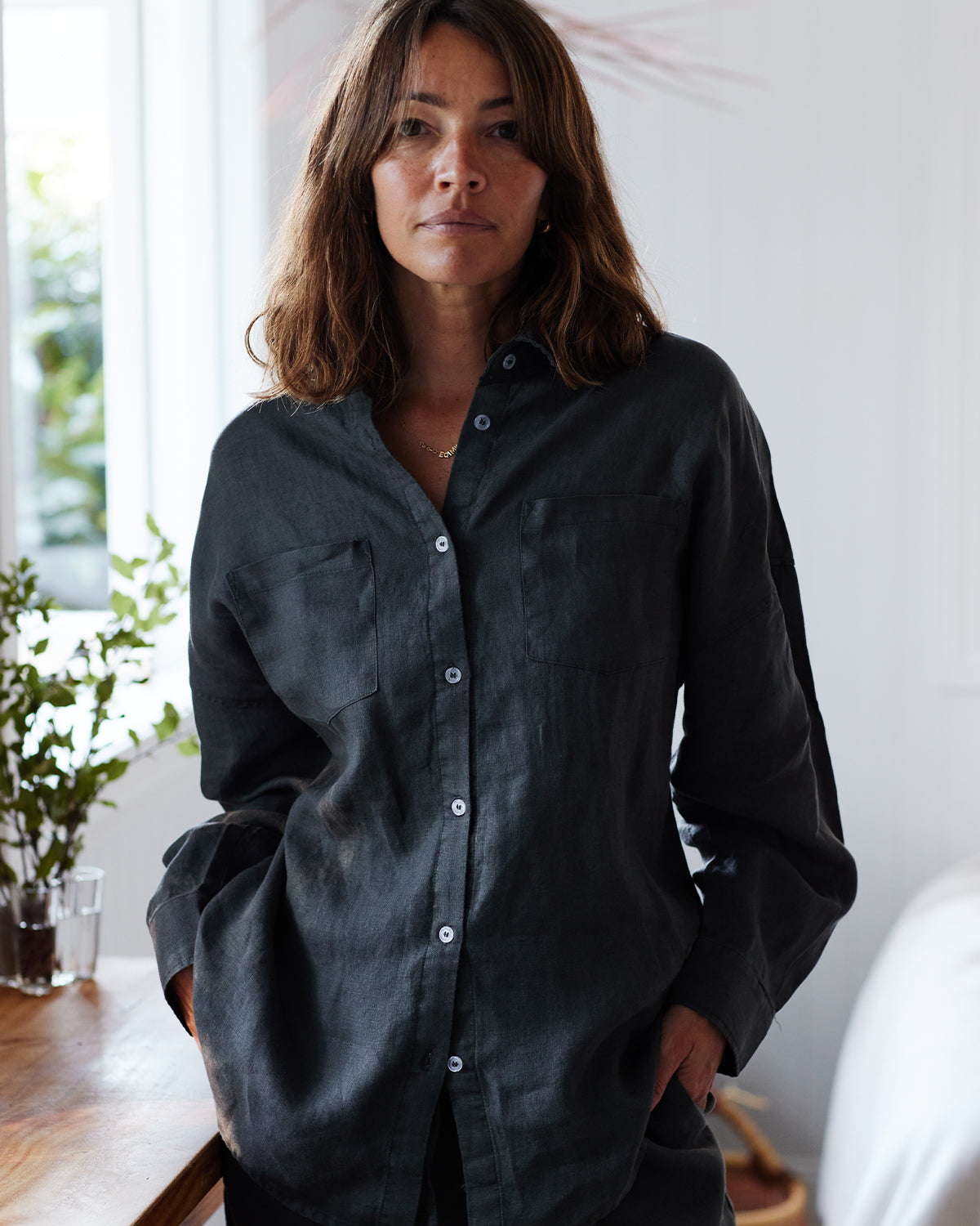 Chemise à manches longues en lin français 100% anthracite