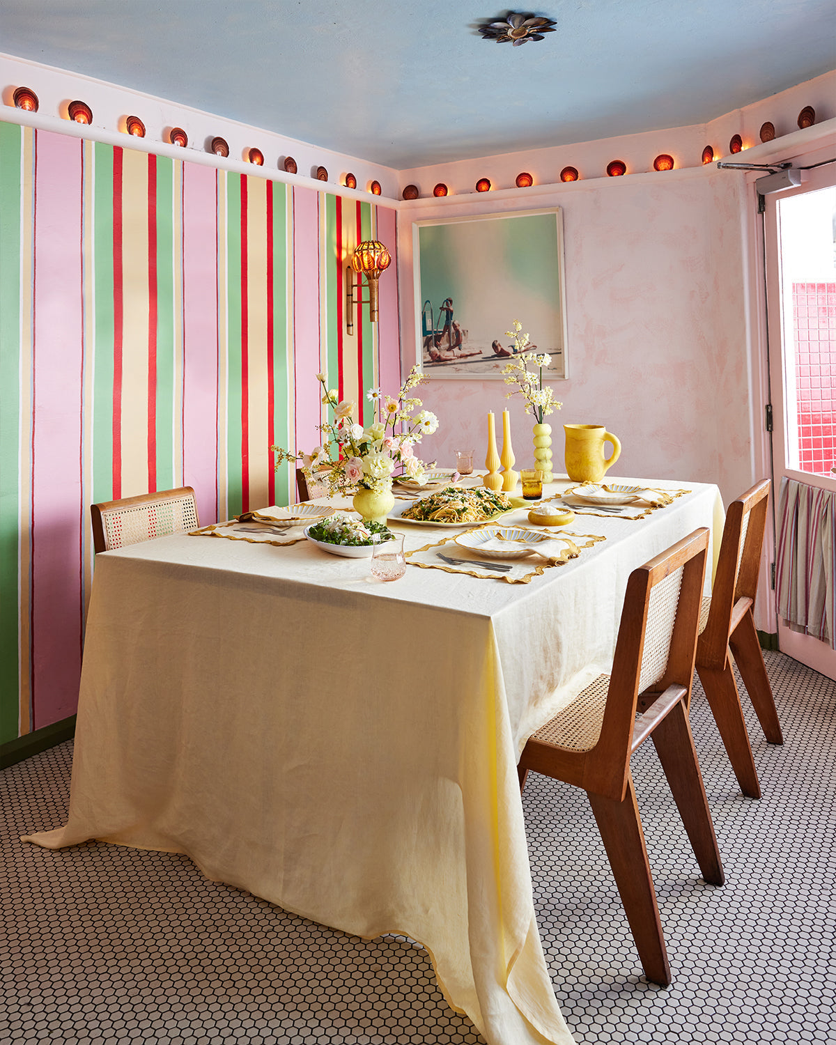 Sets de table festonnés en lin 100% français, motif limoncello et curcuma (lot de quatre)