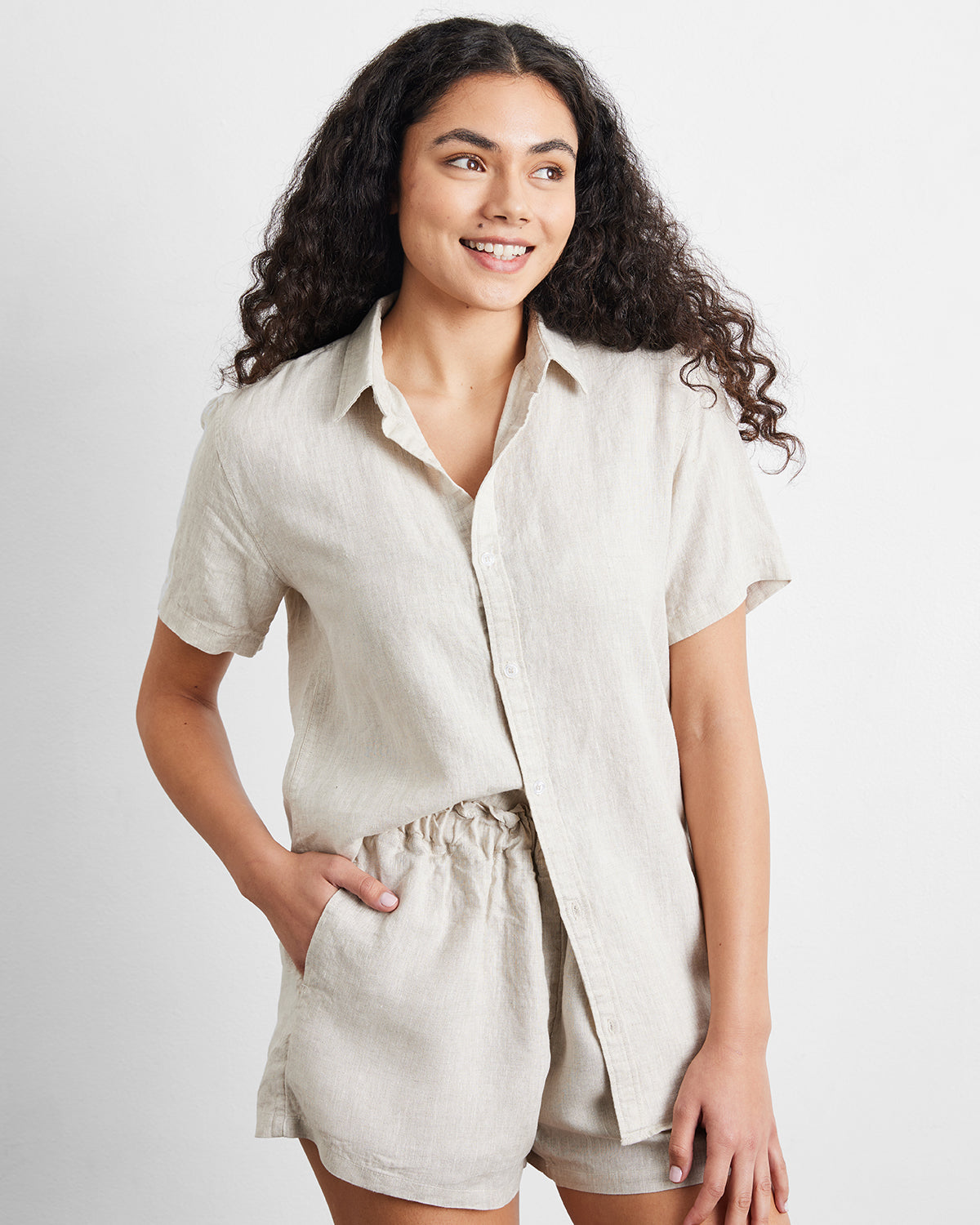 Chemise à manches courtes en lin 100% français couleur avoine