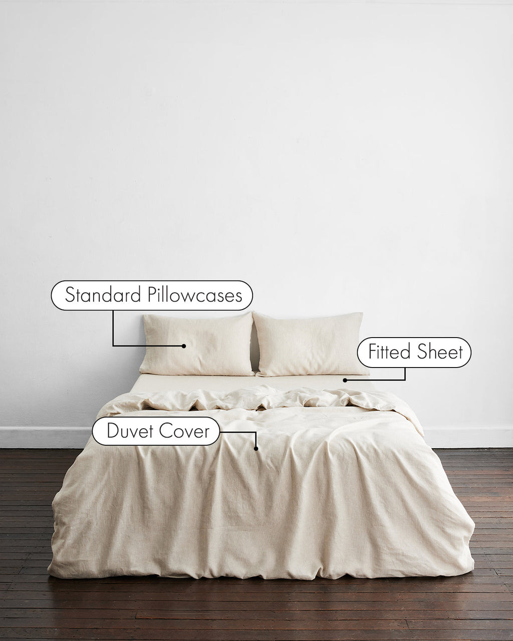 Ensemble de literie en lin français 100 % naturel, rayures avoine et blanc