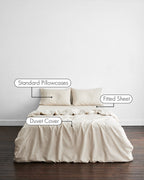 Ensemble de literie en lin français 100 % naturel, rayures avoine et blanc