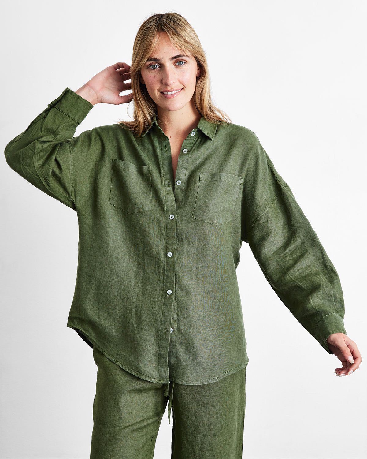 Chemise à manches longues Olive 100% lin français